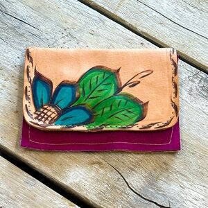 Floral Leather Hand Painted Artisan Wallet Zippered Change Section -2 Pocket EUC